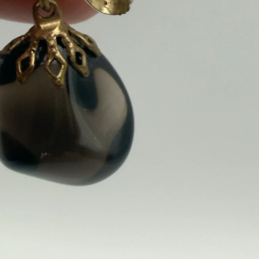 Vintage Gold Tone Bow Brooch Dangle Banded Agate Glass Drop Pin Celestial